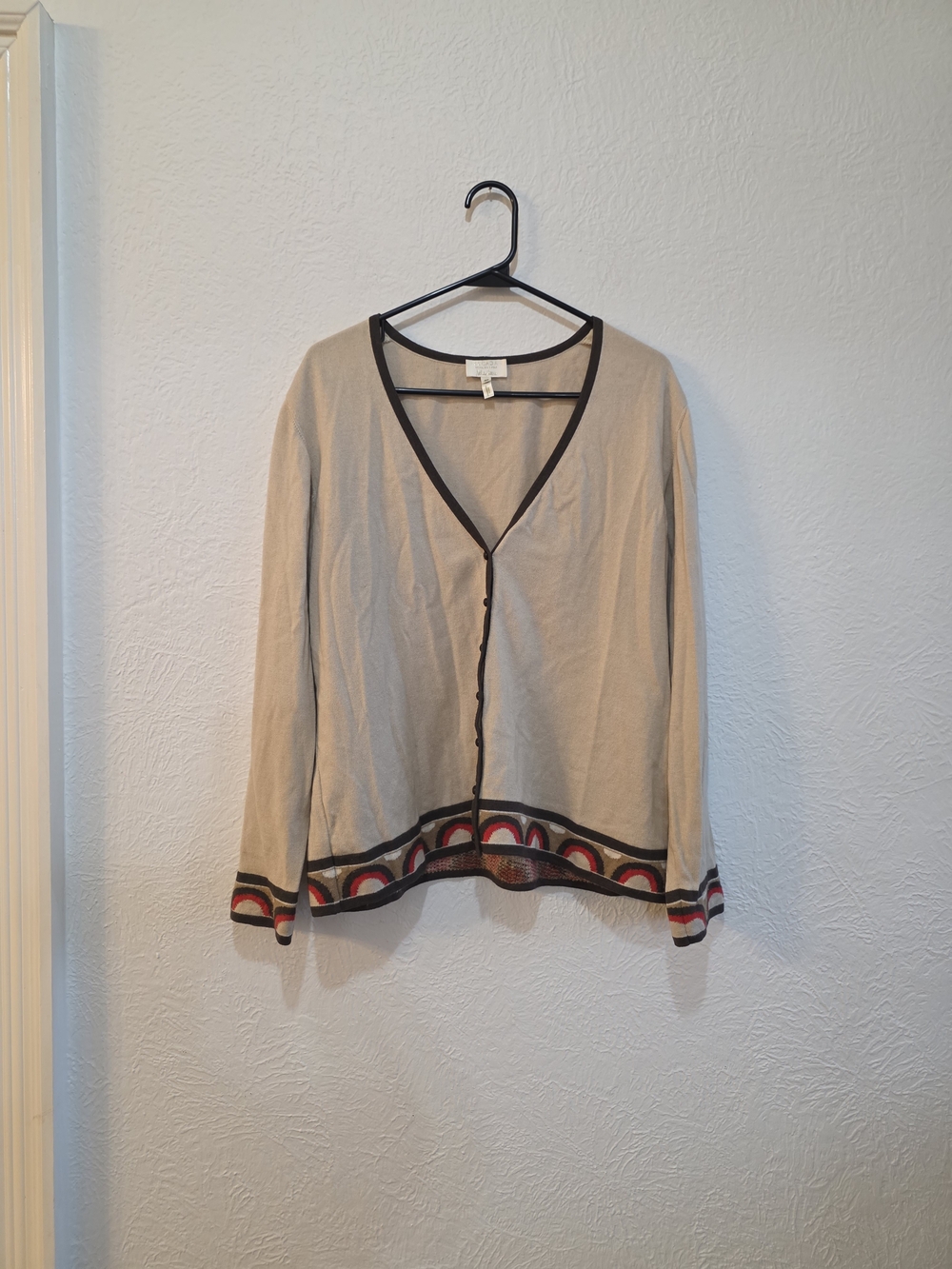 Escada Silk & Cashmere Beige Cardigan with Red and Black Trim